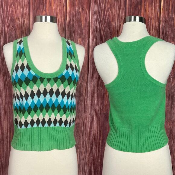 Y2K VTG Womens Small Argyle Sweater Tank Top Green Blue Academia Ramie Cotton - Picture 1 of 6